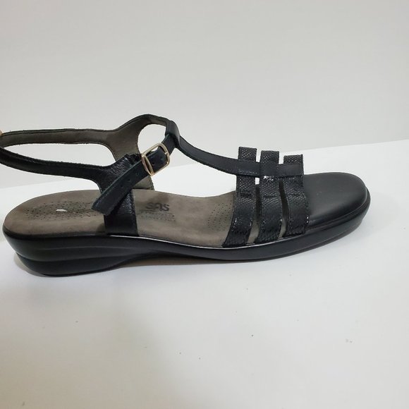 SAS Capri Sandal Black Snake Leather T strap - Picture 1 of 9